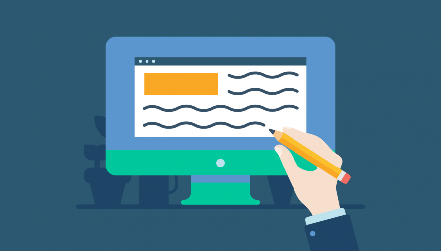Flat illustration of a monitor displaying a document beside a hand with a pencil, soft teal and orange tones